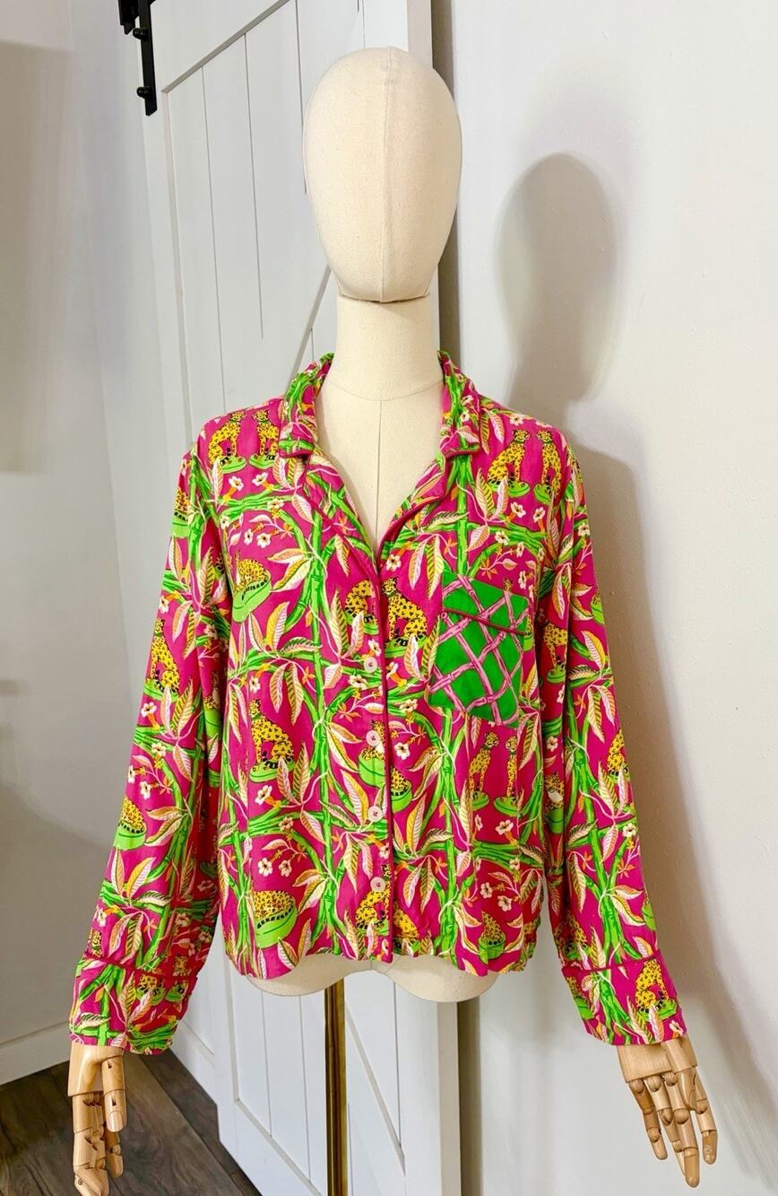 Print Fresh Women Size S Pajama Shirt Lounge Sleep Top Floral Tropical Cheetah